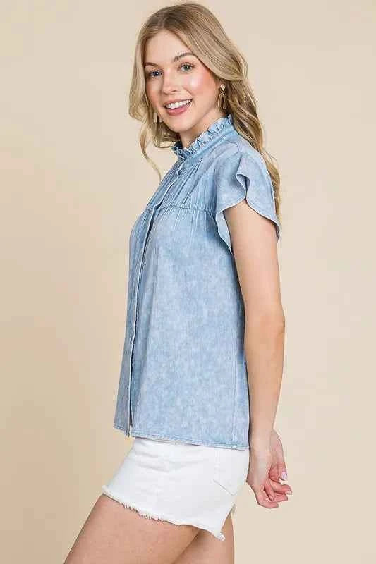 Lime 'N' Chili Mineral Wash Flutter Sleeve Button Down Shirt 14c4f826-4354-4a66-a212-73cb5a6d0b57-Max