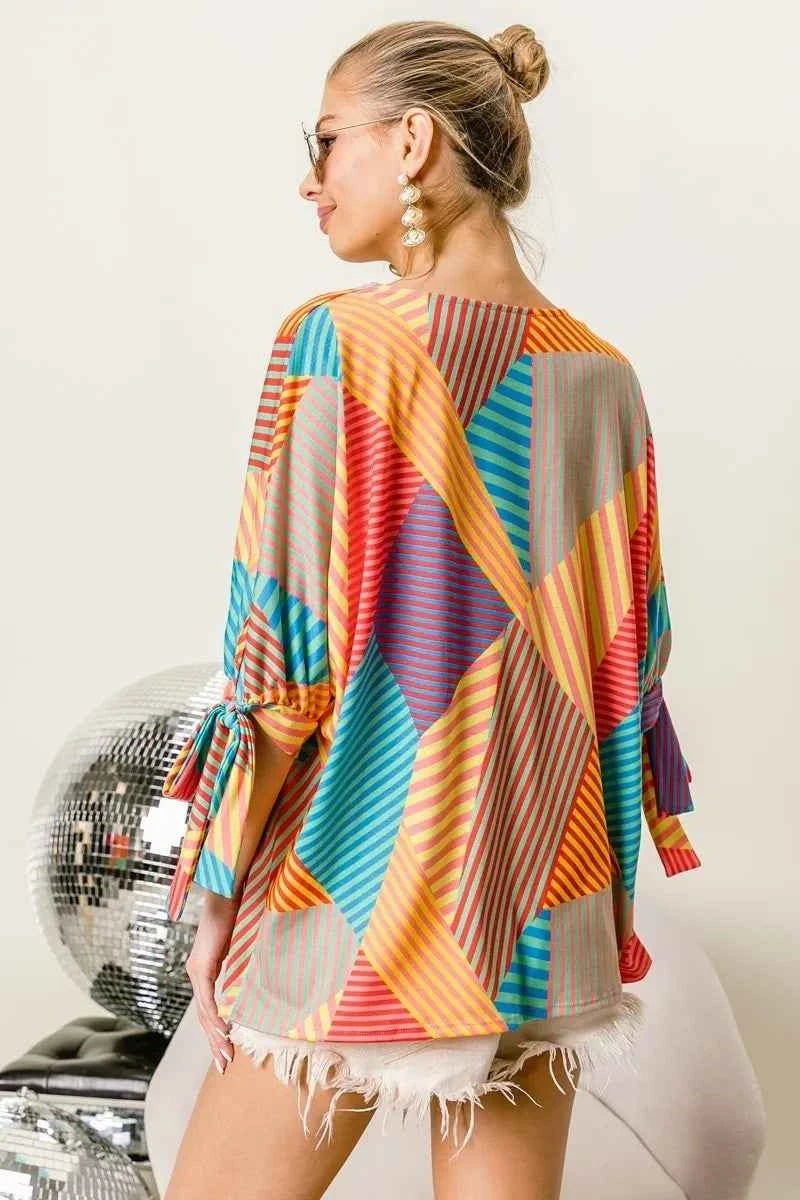 BiBi Multi Stripe Block Printed Jersey Blouse with Tied Sleeves 14c88926b4ac405eb07aa80b060f56ae-Max-Origin