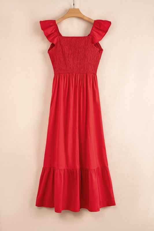 Solid V-Neck Flutter Sleeve Ruffle Maxi Dress 14c9b063-172d-4d33-bf8f-047397c4efea