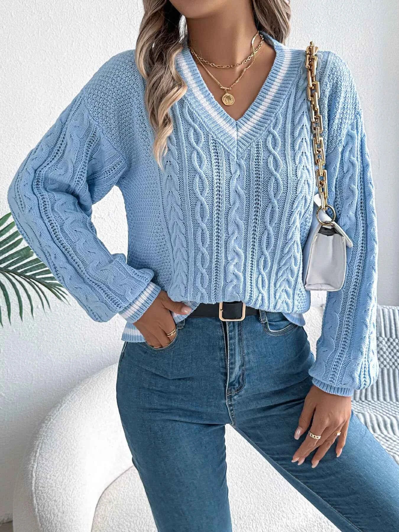 Cable Knit V-Neck Long Sleeve Sweater 14d156f1330e450b9542ab47a3540935-Max-Origin