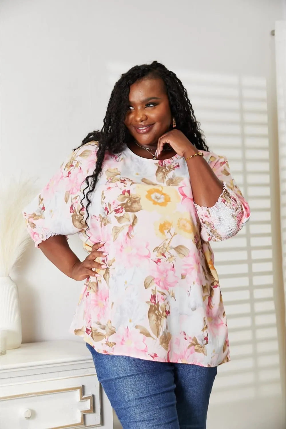 Double Take Floral Round Neck Three-Quarter Sleeve Top 14d180dd-3f4a-44cf-9d0c-de88f20a55cb-Max
