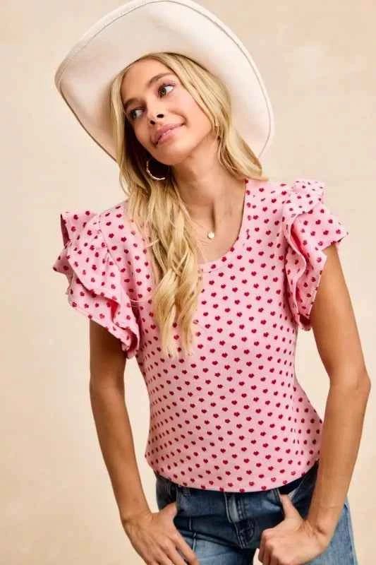 BiBi Heart Patterned Knit Ruffled Sleeves Top 14d2b487-45b6-4fe8-b191-bdbdd7194210-Max-Origin