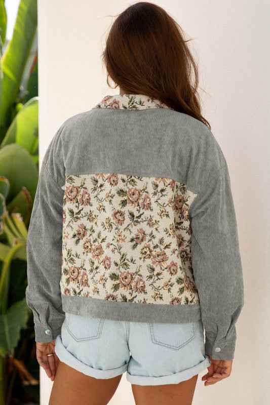 Floral Patchwork Ribbed Corduroy Shirt Jacket 14d4acbc-2713-4b87-82f9-8514439d7051