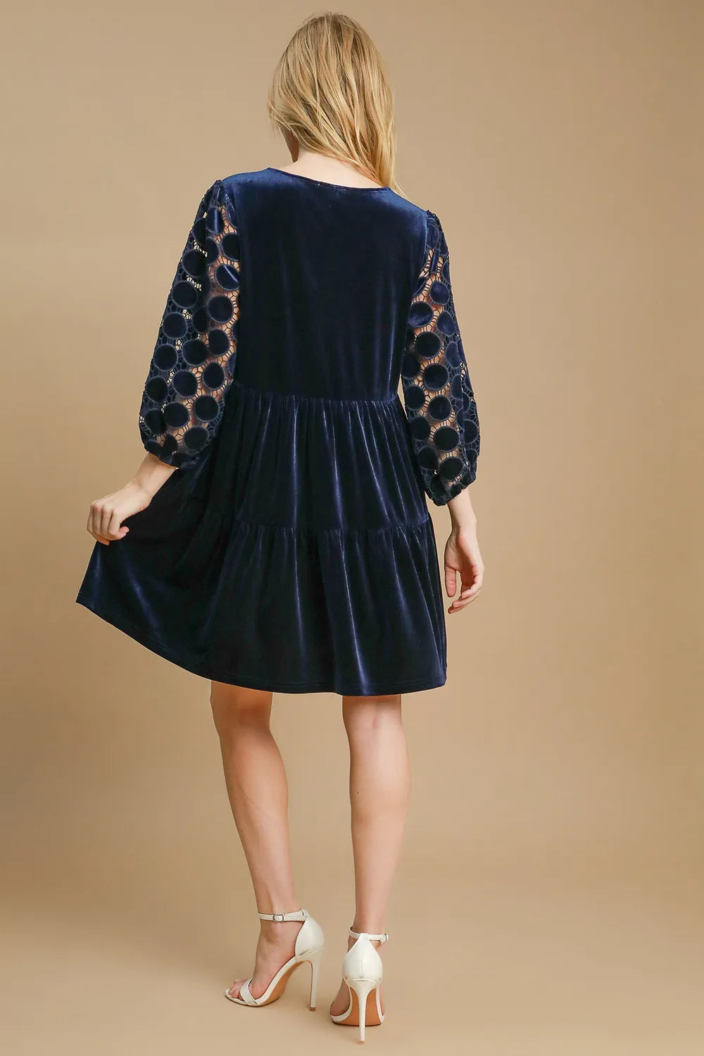 Umgee Dotted Lace Sleeve Tiered Velvet Mini Dress 14d7f8fc-a05b-406d-a634-fdbe93f6654a-Max