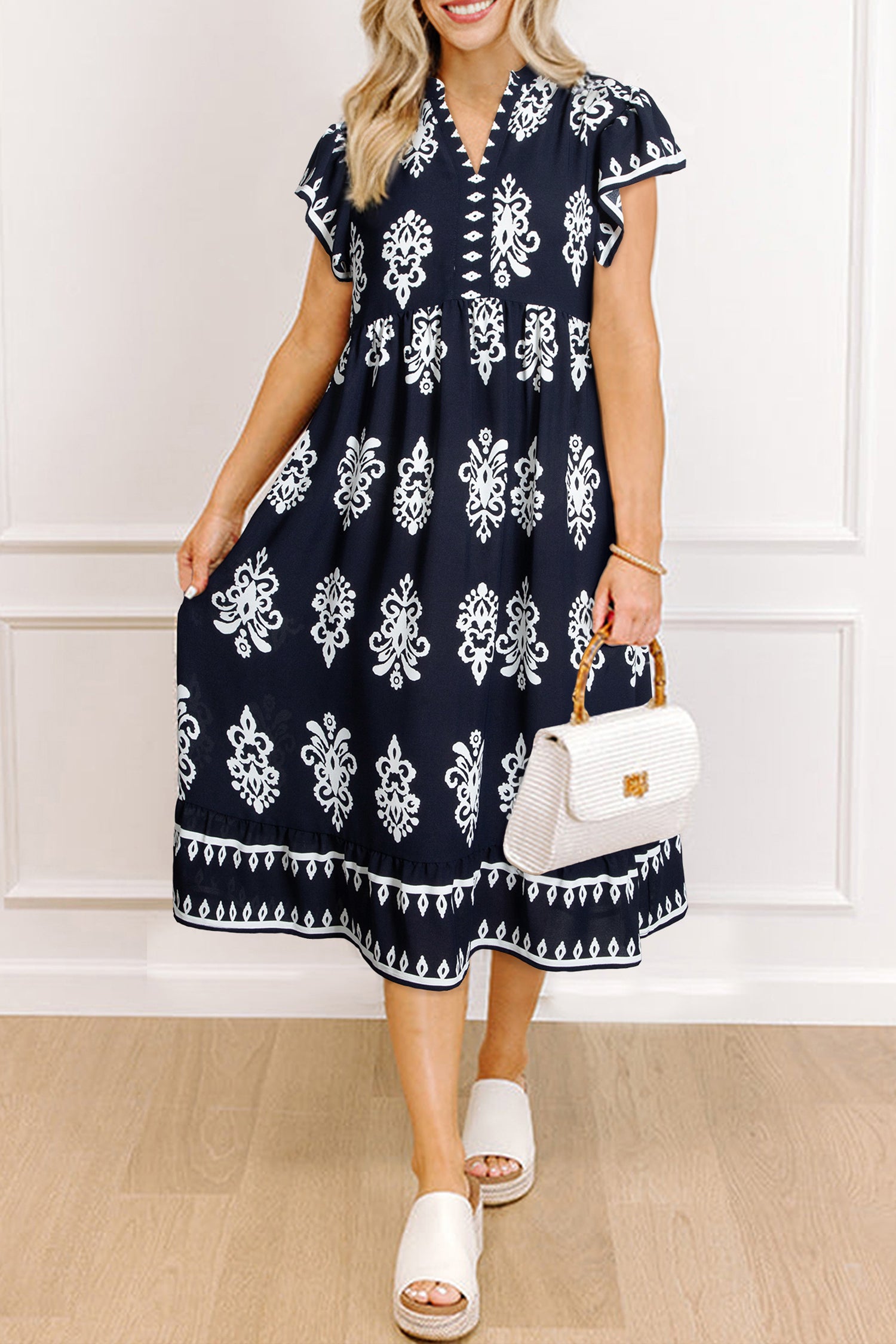 Blue Western Ethnic Print Notched Neck Short Sleeve Midi Dress Blue 100%Polyester 14d900599e12ff3e