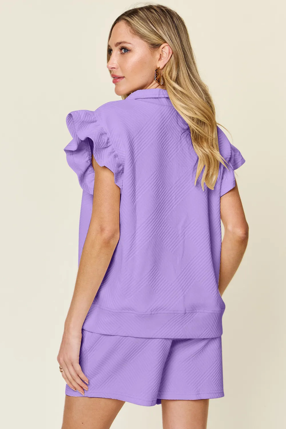 Double Take Full Size Texture Flounce Sleeve Top and Drawstring Shorts Set 14dc3477-27d0-4cc4-becb-19cb02c0d683-Max