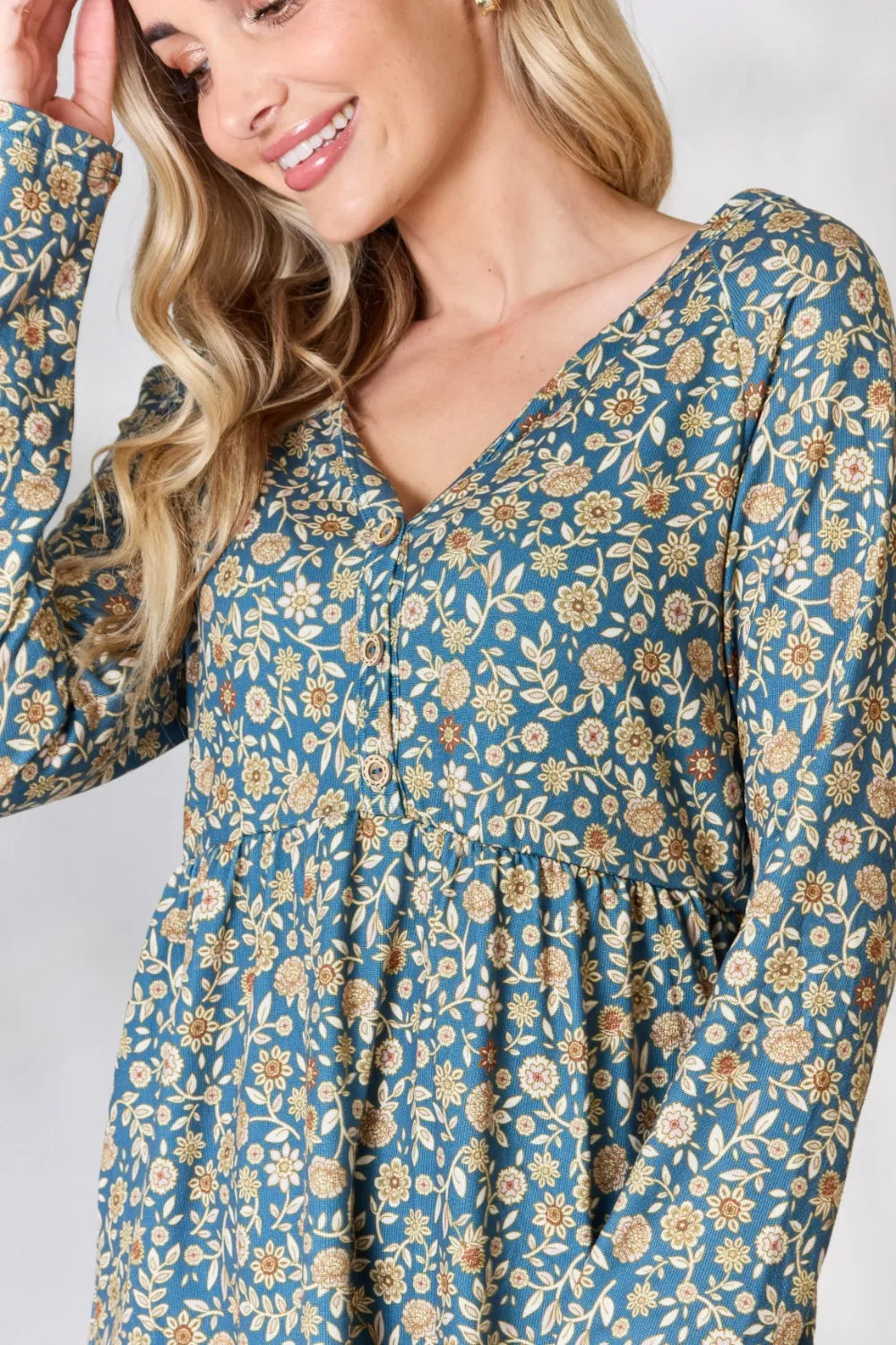 Heimish Full Size Floral Half Button Long Sleeve Blouse 14e0fd1041ec4c7e8103e602d6f82759-Max