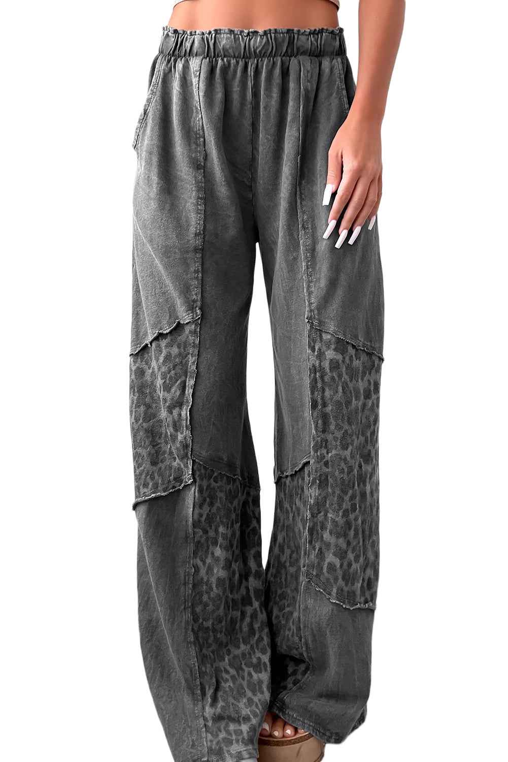 Coffee Mineral Wash Leopard Patchwork Loose Pants 14e415dbd3d783aa