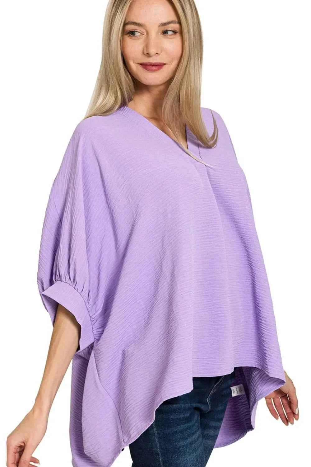 Zenana Woven Airflow V-neck Puff Half Sleeve Top LAVENDER 14e45103-45e2-476c-b664-9b7452d84a57-Max-Origin