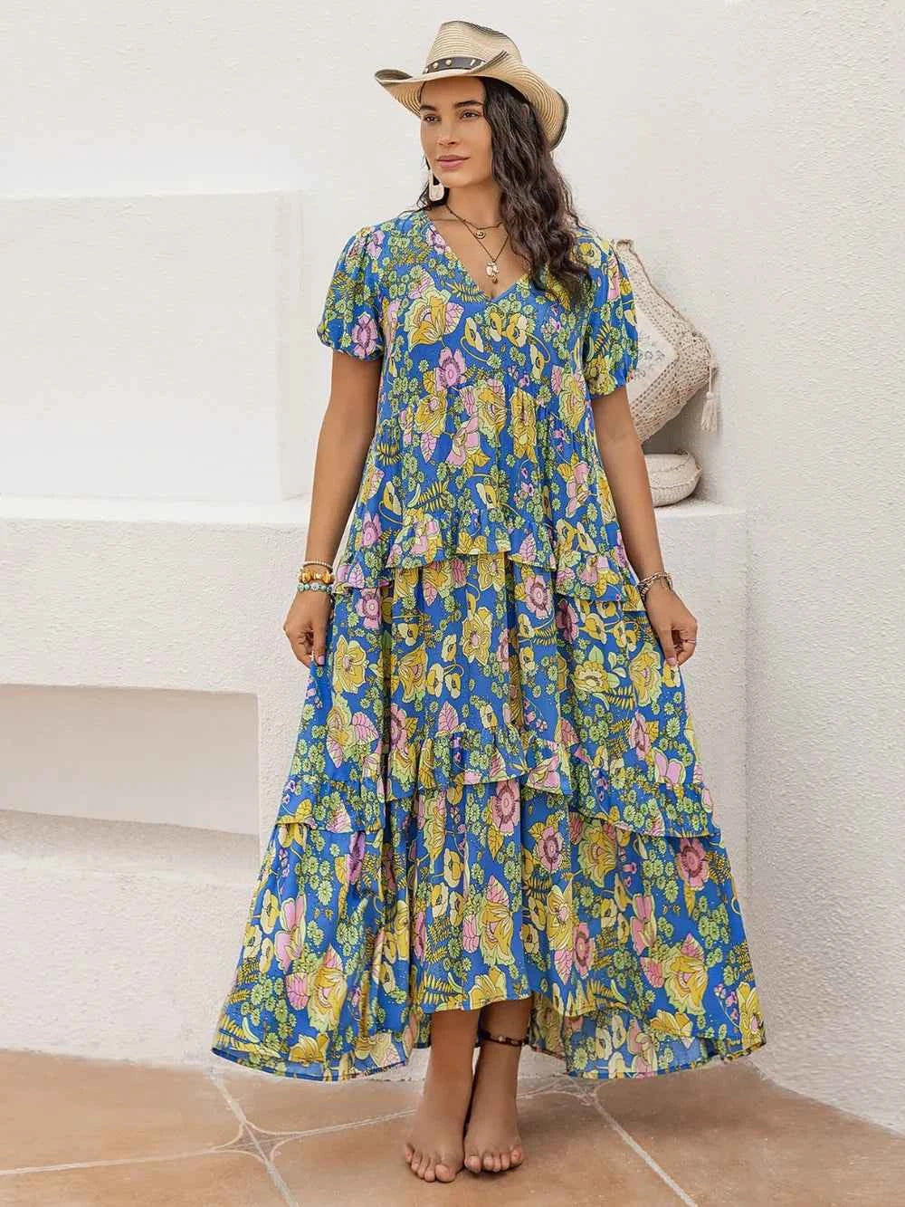 Plus Size Printed V-Neck Short Sleeve Maxi Dress Sky Blue 14e459e8-3b84-4993-b454-629c0f78f554-Max