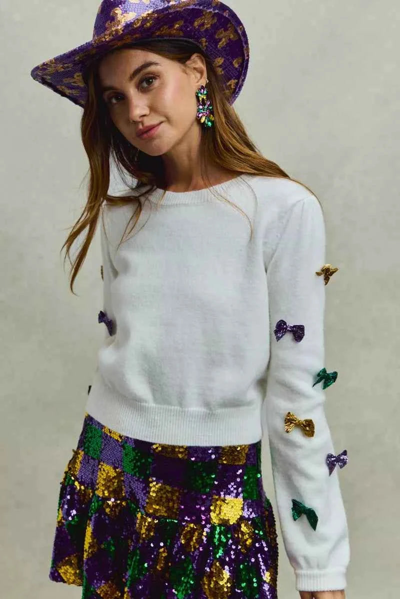 SO ME Mardi Gras Glitter Bow Ribbon Sweater Knit Top 14ec92edffe243c1a0422e022d241905-Max-Origin