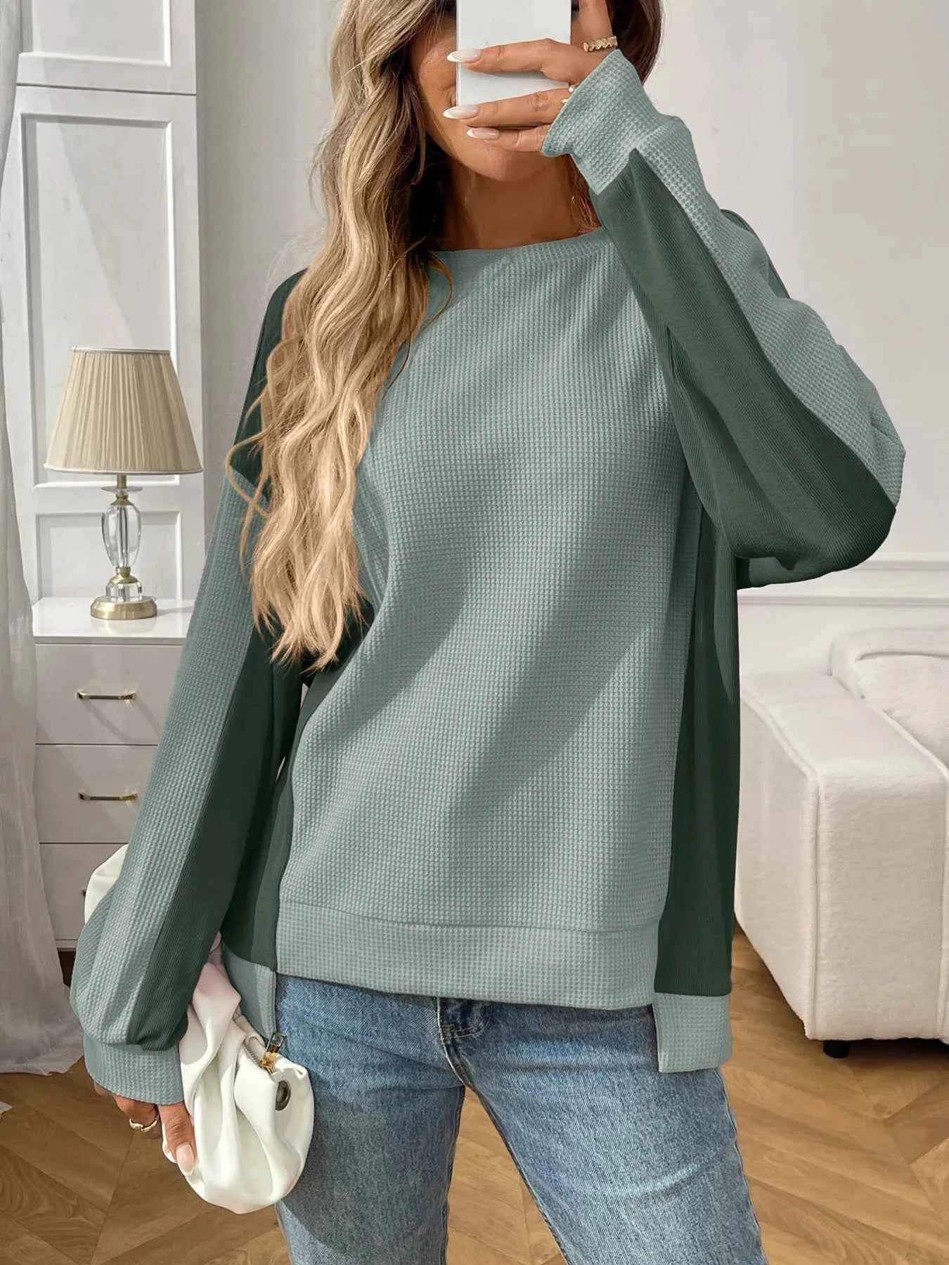 Color Block Long Sleeve Sweatshirt Green 14ec9532993c4f7a9b58d03300bf76f8-Max-Origin