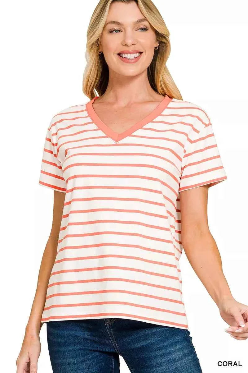 Zenana Striped V-Neck Short Sleeve T-Shirt 14f13029ce6349359baa112cb0197d38-Max-Origin
