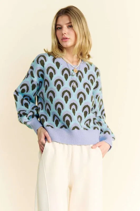 Scale Jacquard Round Neck Drop Shoulder Sweater 14ff32eb-1af4-4ae7-a508-deba1107c48f-Max