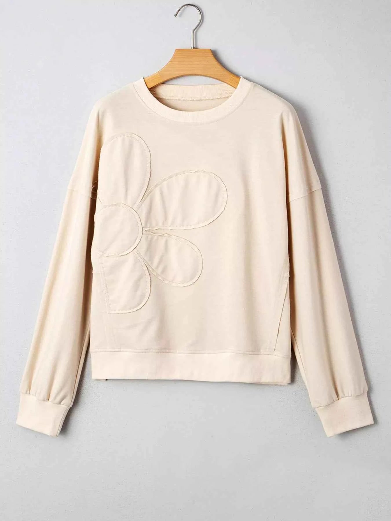 Raw Edge Flower Patch Drop Shoulder Casual Top 150645ce-9d12-432f-83fd-2a417225e23f-Max-Origin