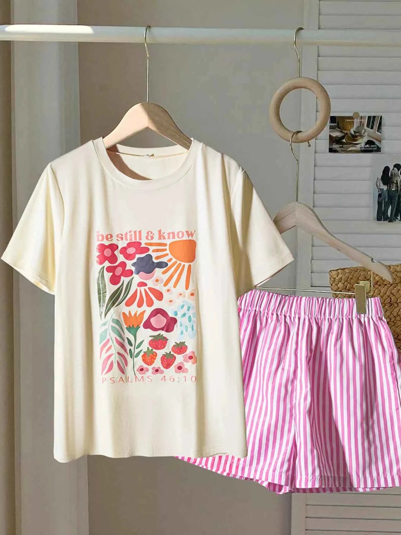 Round Neck Graphic T-Shirt and Striped Shorts Set Cream Pink 150bb895-501a-4167-85c9-4fa8c98dcd80-Max-Origin