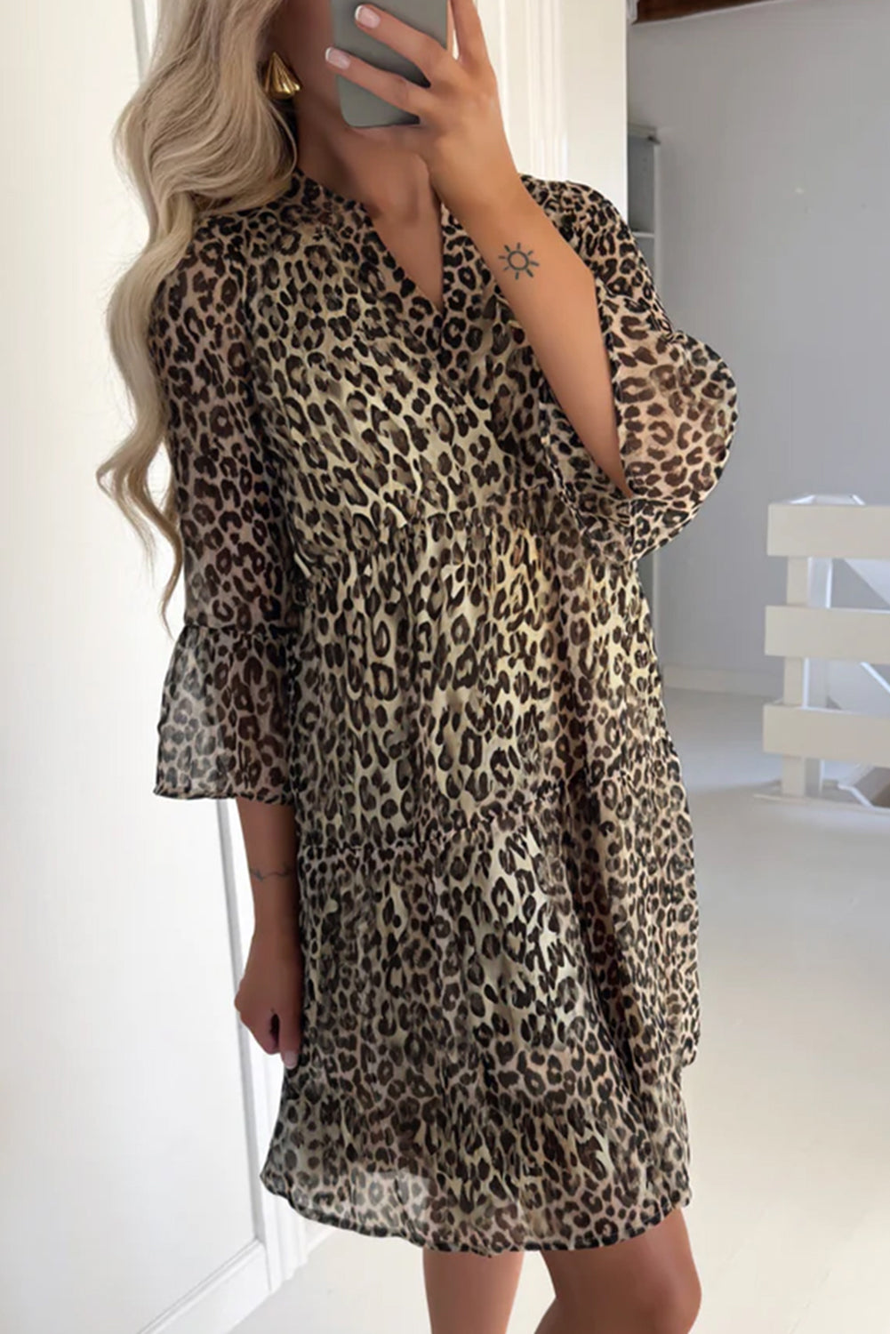 Khaki Leopard 3/4 Sleeve V Neck Swing Dress 150e0eaf9acb4d50