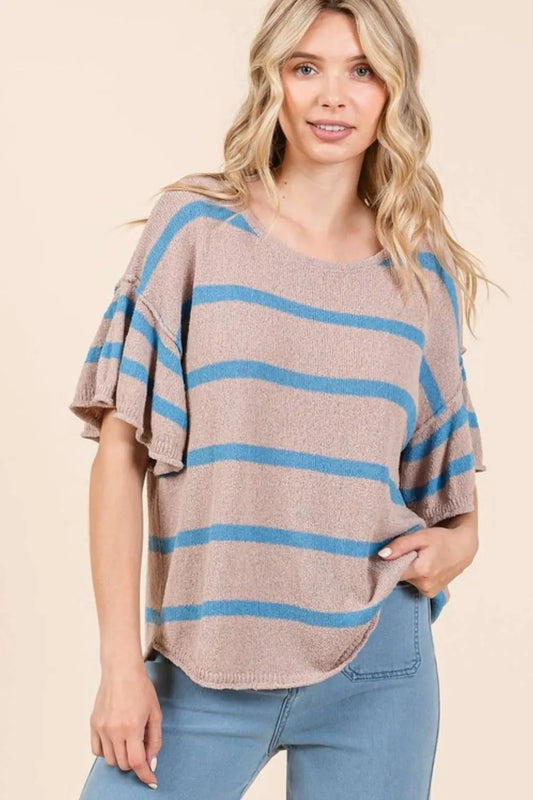 Striped Flounce Sleeve Knit Top 1515df5f-a336-4ebb-bcbb-11d170f62dbd-Max