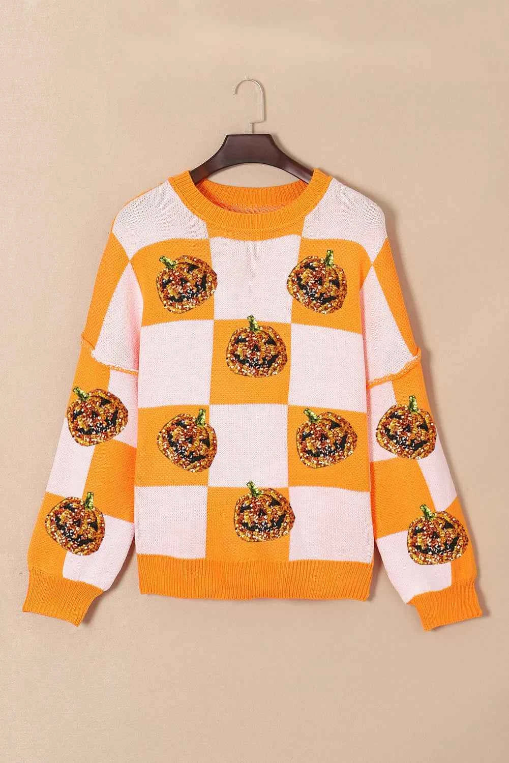 Pumpkin Checkered Round Neck Long Sleeve Sweater 1518b173-54fe-48a3-816d-b5d7f3767b53-Max