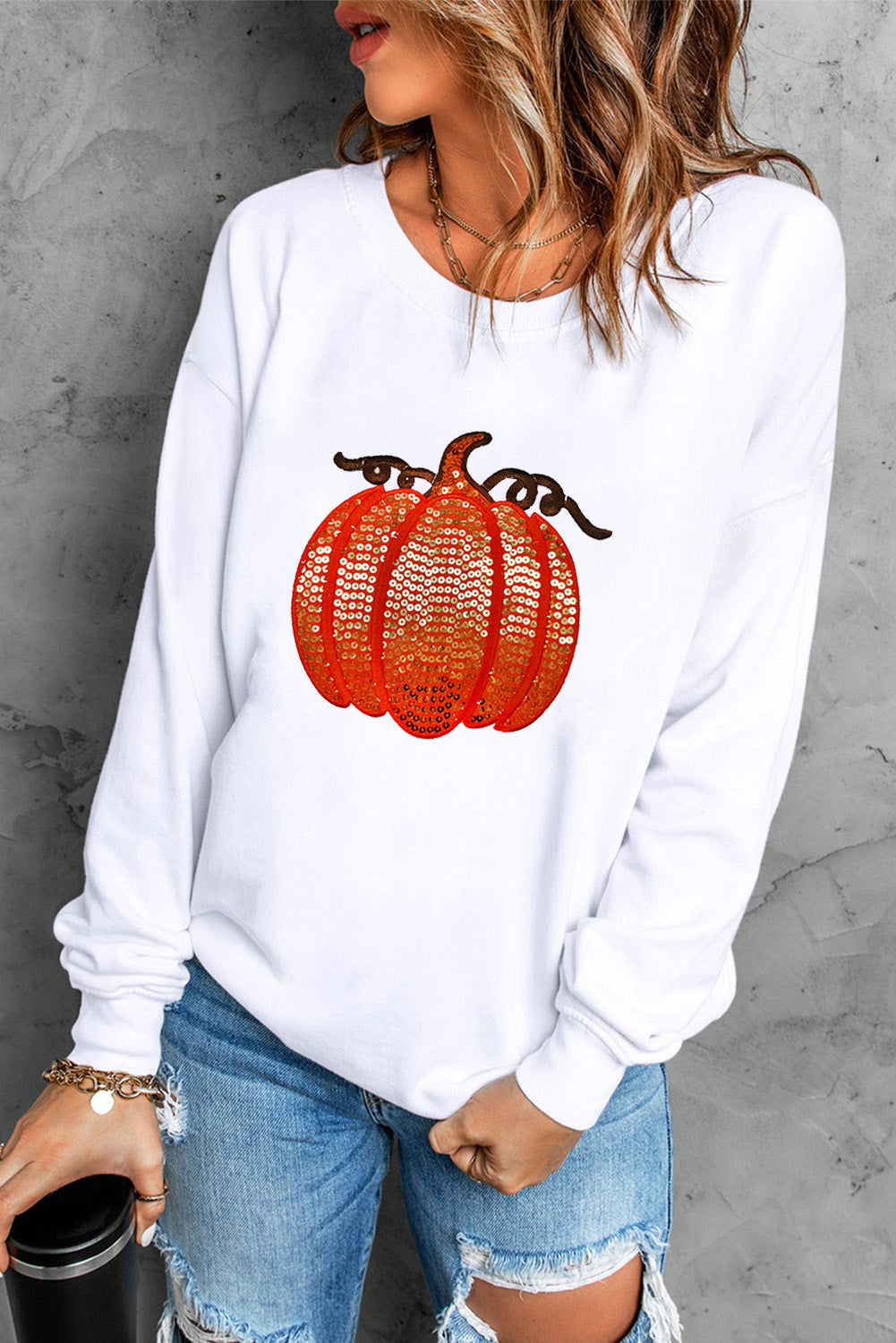White Sequin Pumpkin Patched Casual Pullover Graphic Sweatshirt 1519d142978f8a47