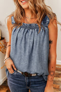 Ashleigh Blue Smocked Neck Frill Denim Sleeveless Top
