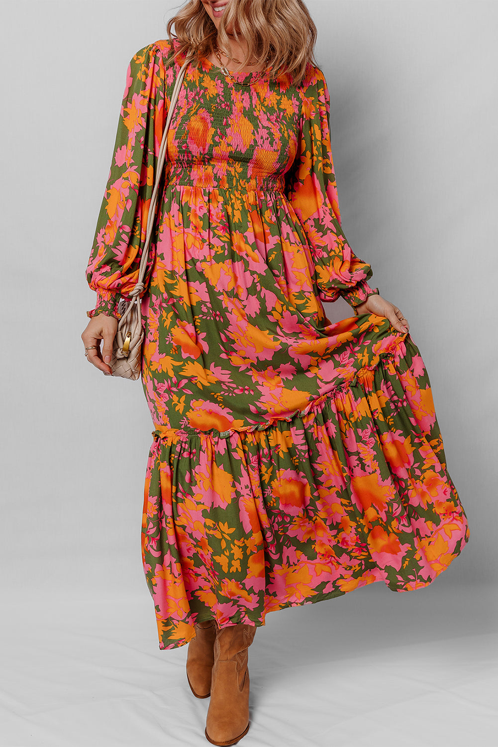 Orange Floral Puff Sleeve Smocked Bodice Frill Tiered Dress 152096593af1b66d