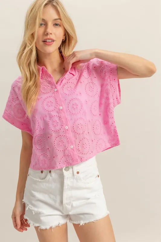 HYFVE Lightweight Eyelet Button Down Short Sleeve Shirt Pink 1523620e-7b3a-42b1-bbf5-d3896b63aaa0-Max