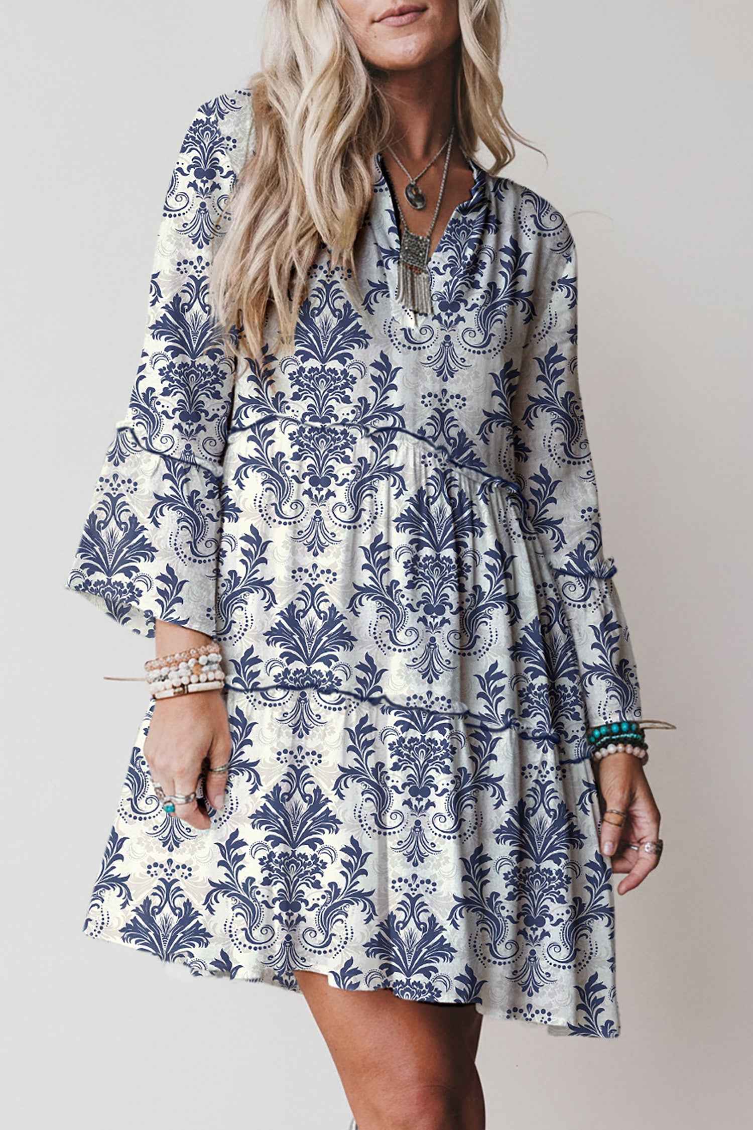 Sky Blue Boho Floral Print Lettuce Trim 3/4 Sleeve Mini Dress 1527c99ec6cfdfc5
