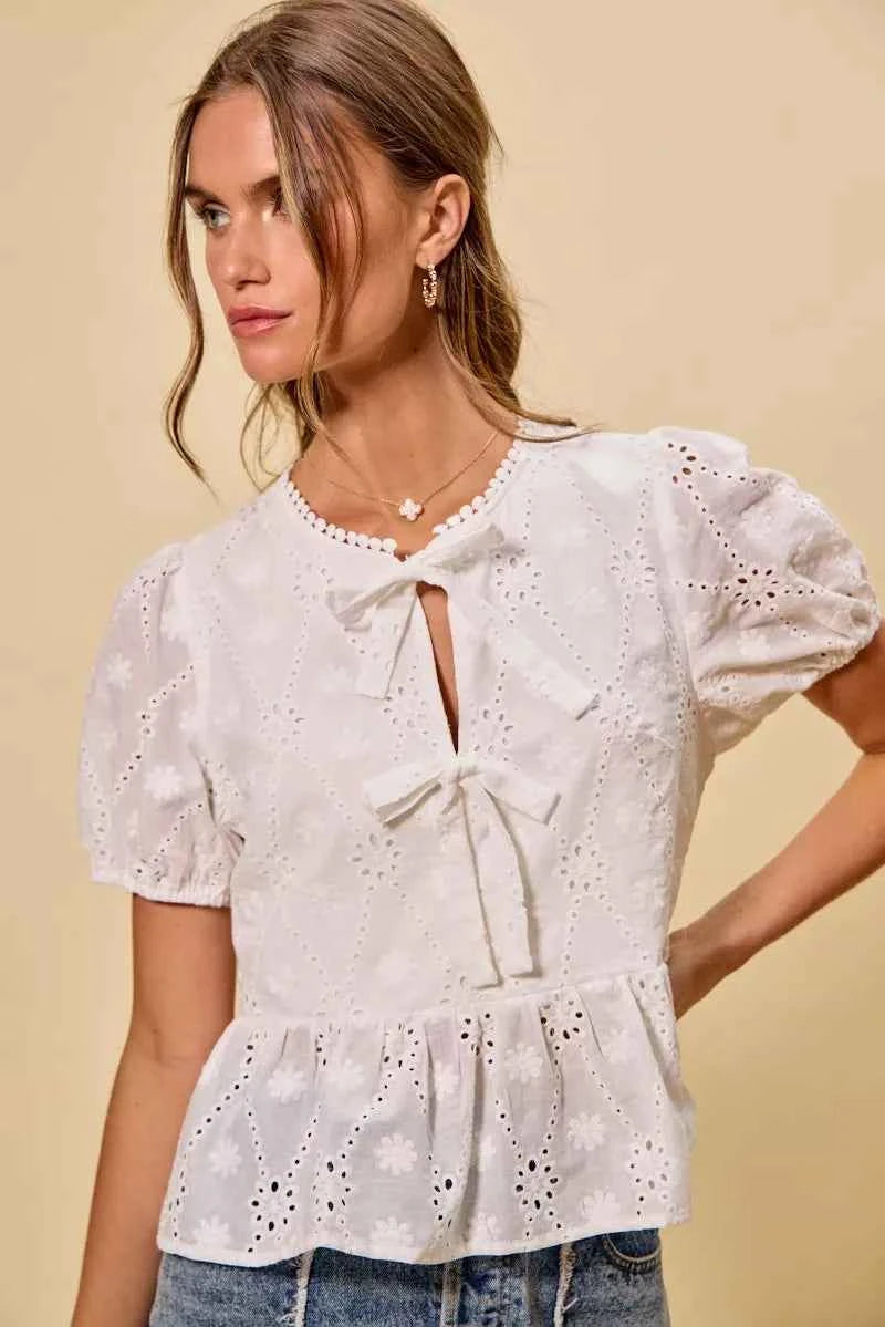 SO ME Cotton Eyelet Front Tie Short Sleeves Blouse 1527d4310b7f4a3c84663126ce1f3a66-Max-Origin