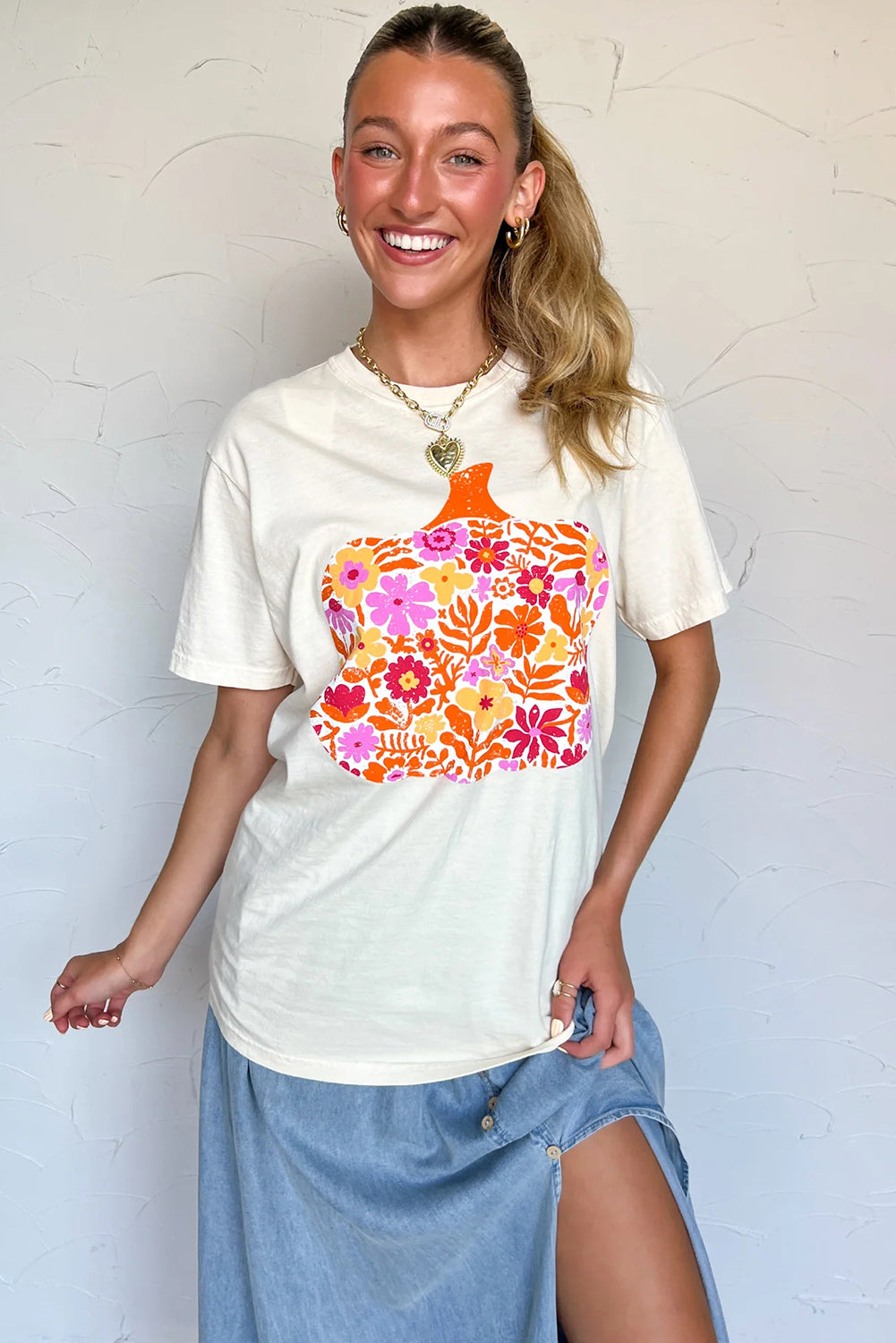 White Floral Pumpkin Heat Transfer Printing Graphic Tee 1529aa5b2a09bb2c