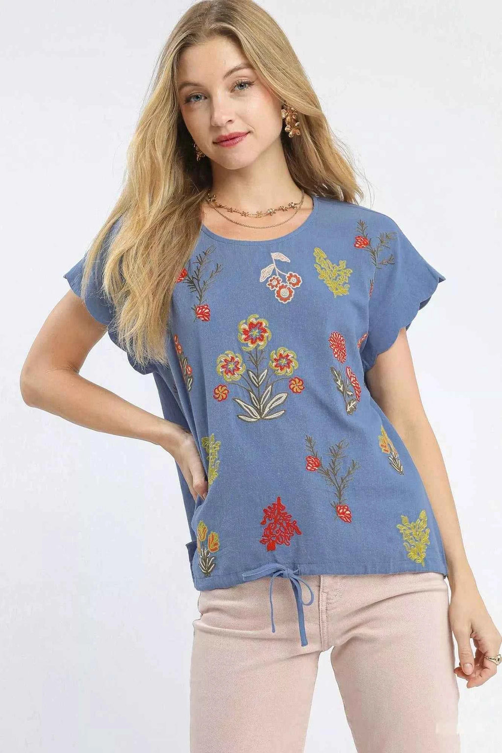 Umgee Embroidered Scallop Sleeve Top with Drawstring Hem DENIM 1529c87b-7348-4710-b28f-9ae58827b1ae-Max-Origin