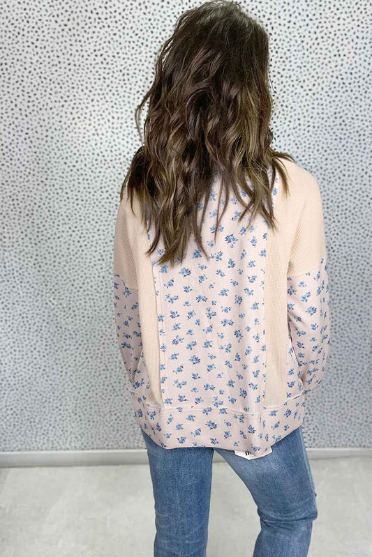 Beige Floral Print Waffle Patchwork Balloon Sleeve V Neck Oversized Top 152ba442ec9bad40