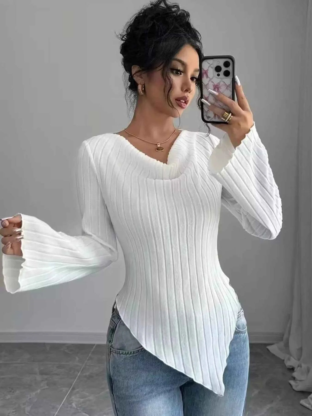 Cowl Neck Ribbed Knit T-Shirt 152fcb9c5e584023b9a00914f1455e00-Max-Origin