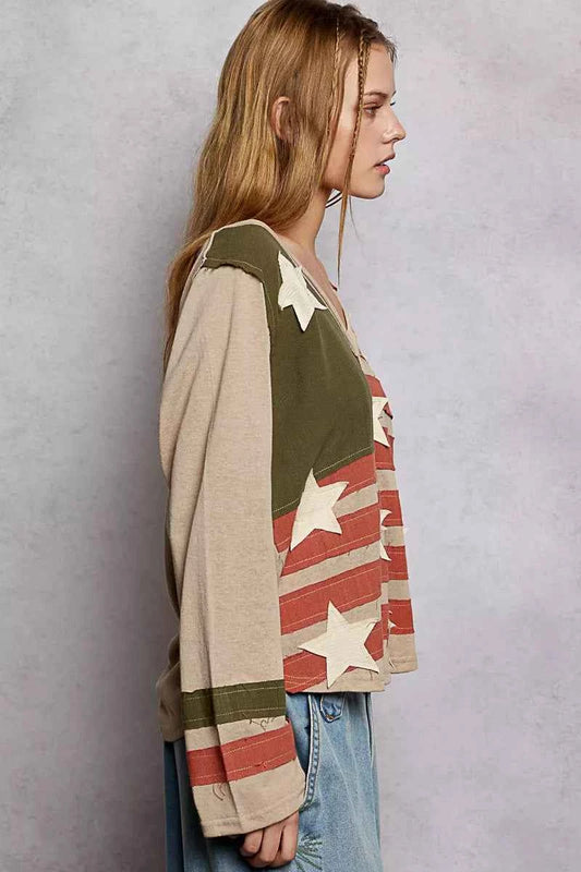 Double Gauze American Flag Patch V-Neck Long Sleeve T-Shirt 15316b2f-8ee3-4ed8-94fa-d76a21a33f42-Max-Origin