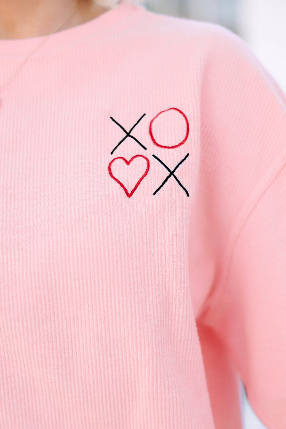 Pink 3d Ribbed XOXO Heart Embroidered Drop Shoulder Sweatshirt 15334fc2e9ca5fa2