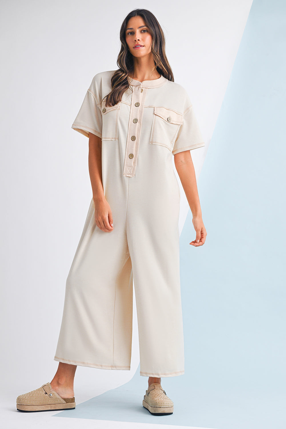 Beau Blue Patchwork Pocket Short Sleeve Jumpsuit 1534062a8a8c10d2