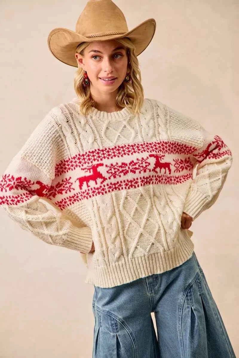 BiBi Christmas Theme Patterned Cable Knit Sweater 1535969450ec4001b96e7814cce7a966-Max-Origin