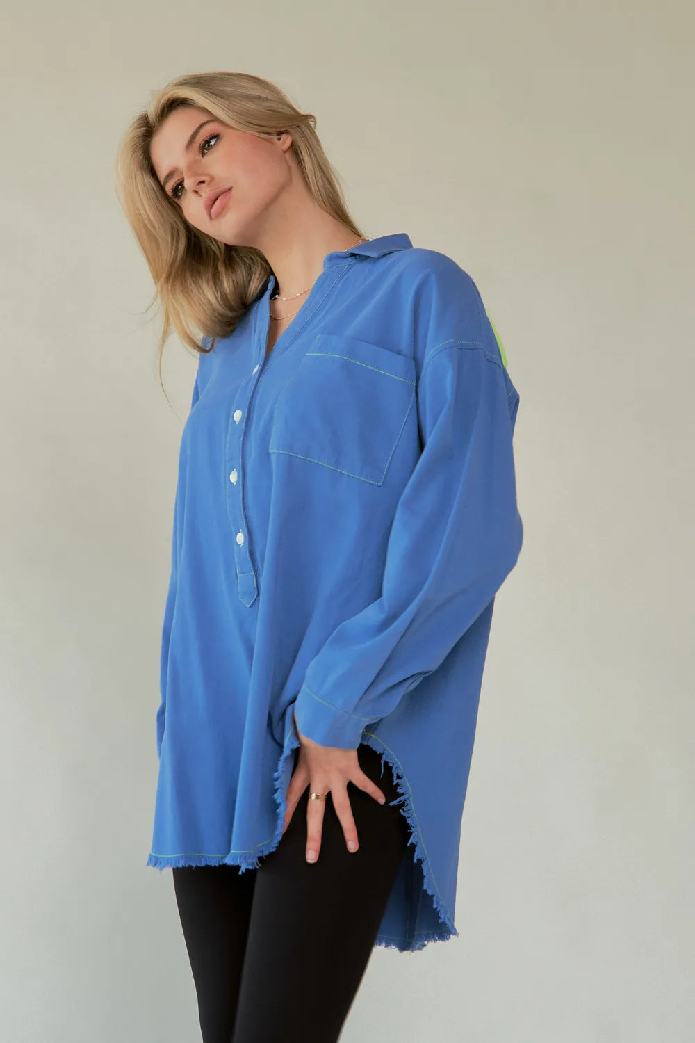 Davi & Dani Letter Back Raw Hem Half Button Shirt 15379d0a-f66c-4580-91ef-2ce7e0b4b65f-Max