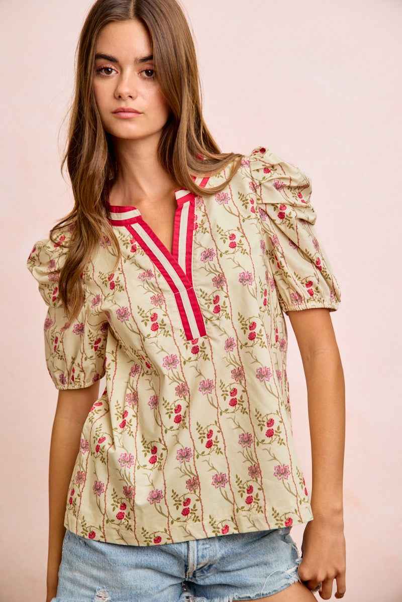 BiBi Floral Gather Sleeves Contrast Neckband Blouse Top 153aeb4a9f174fe794cba681a59d4658-Max