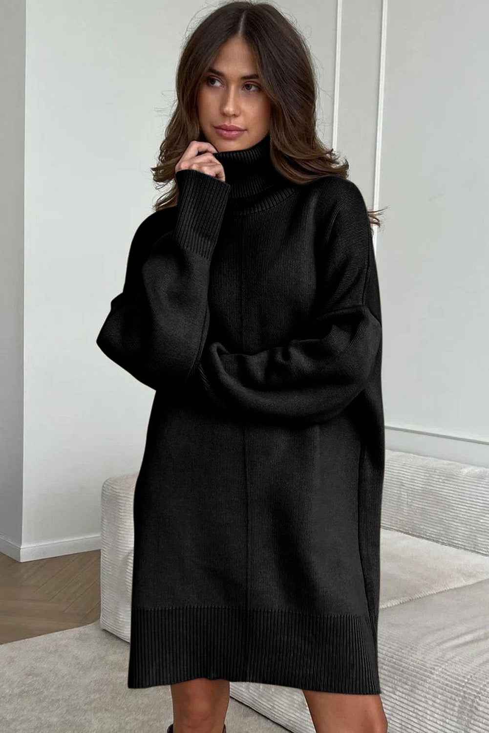 Black Solid Color Turtleneck Drop Shoulder Loose Sweater Dress 154556eeca770150