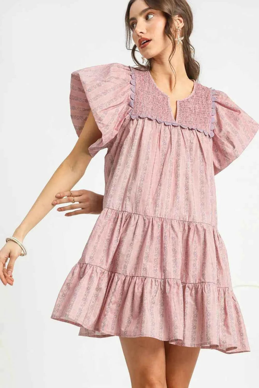 Floral Ruffled Cap Sleeve Tiered Mini Dress Dusty Pink 15468577-7c44-44e6-90bb-4f776d47b55c-Max-Origin