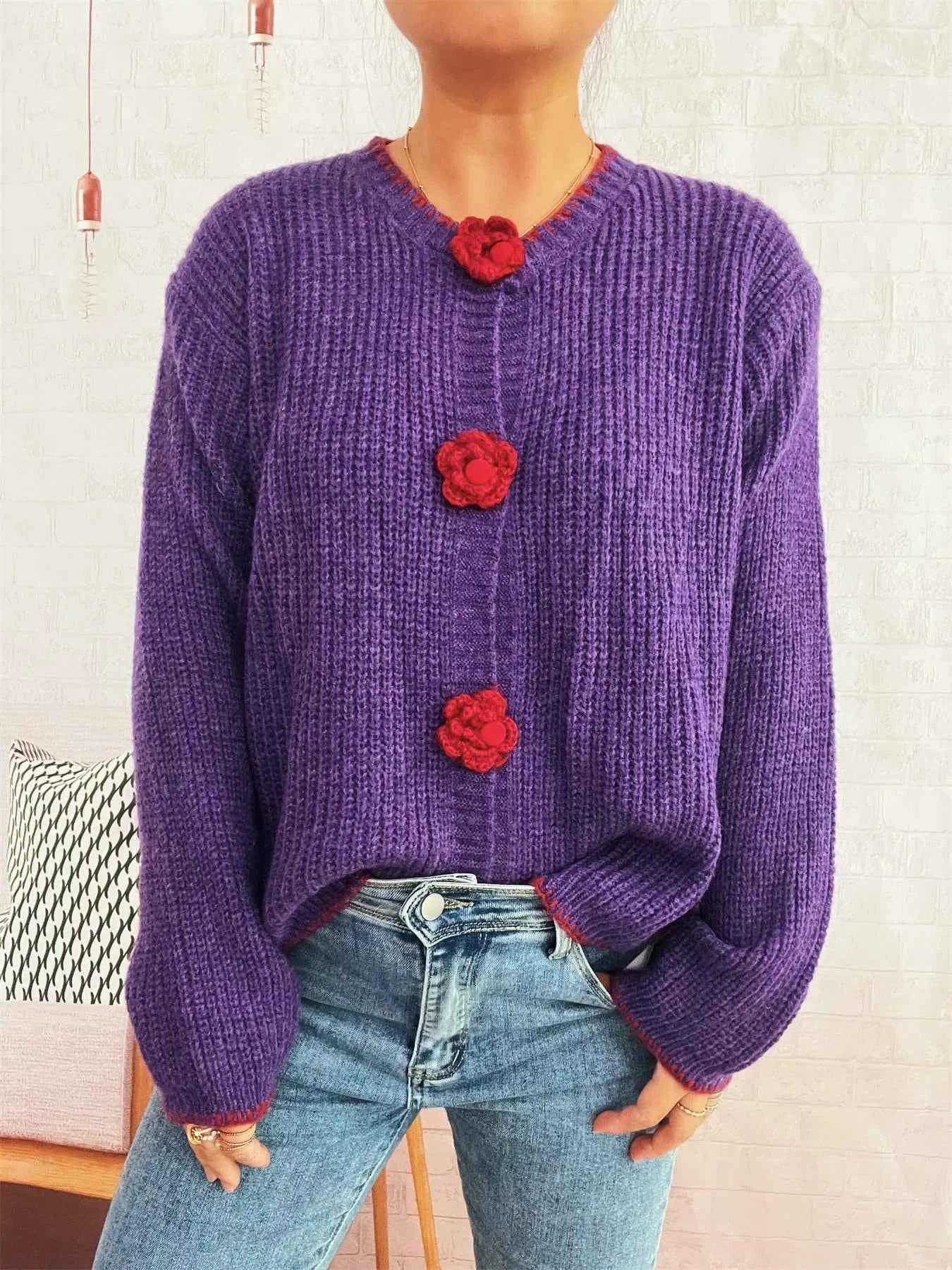 Flower Button Long Sleeve Cardigan 154e7369ecdb4c7d8f205f9c95f4b7a4-Max-Origin