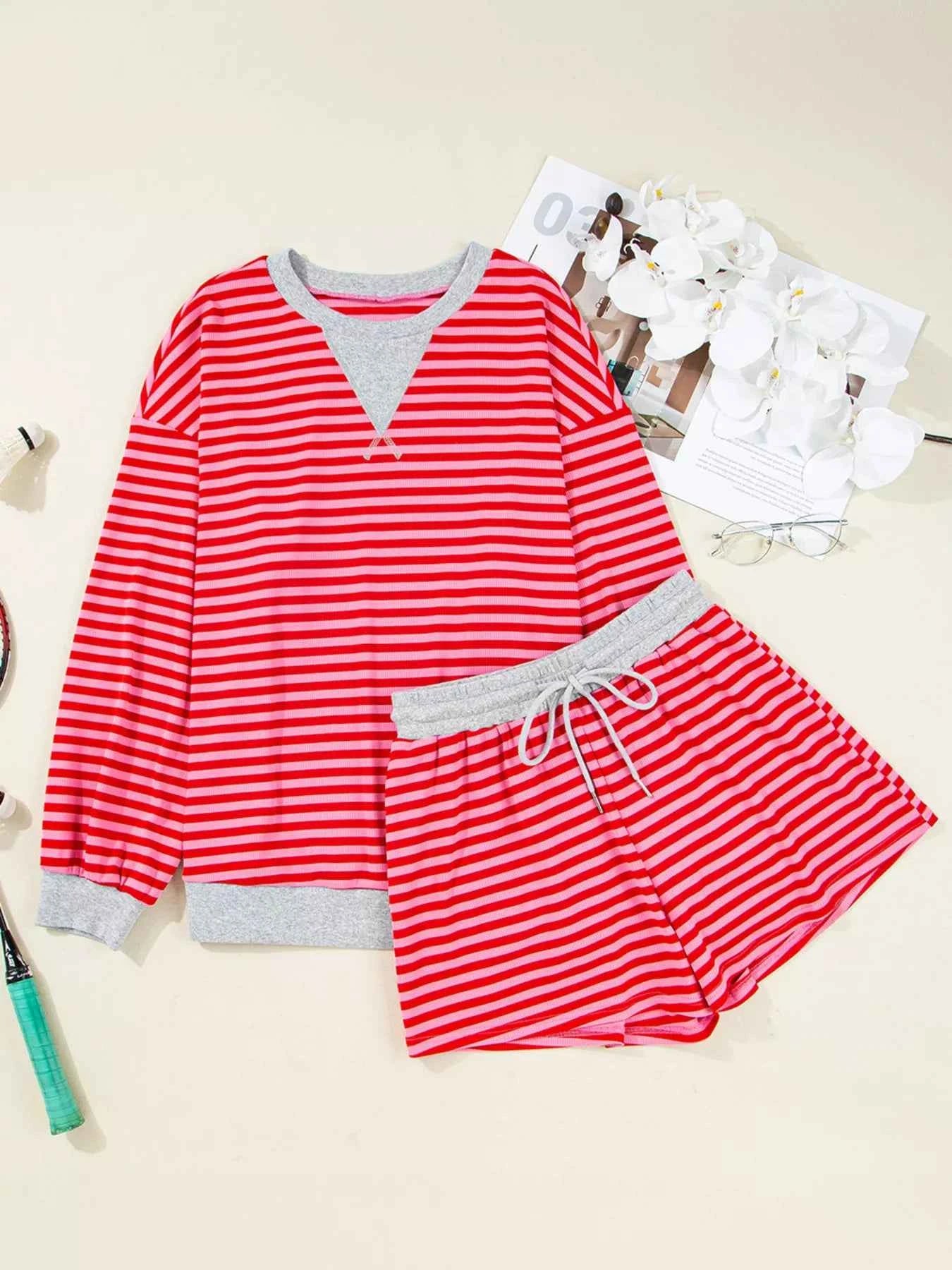 Stripe Drop Shoulder Baggy Top and Shorts Casual Set