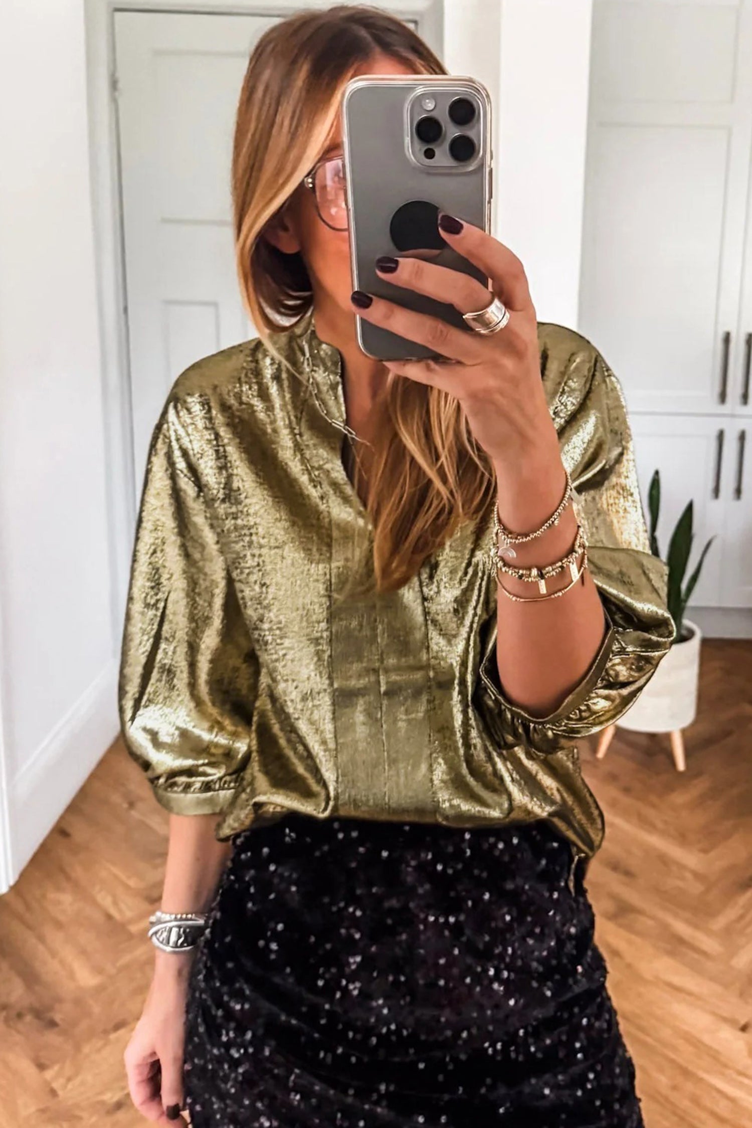 Gold Metallic Split Neck Half Sleeve Blouse 1553d47ab0d00a50