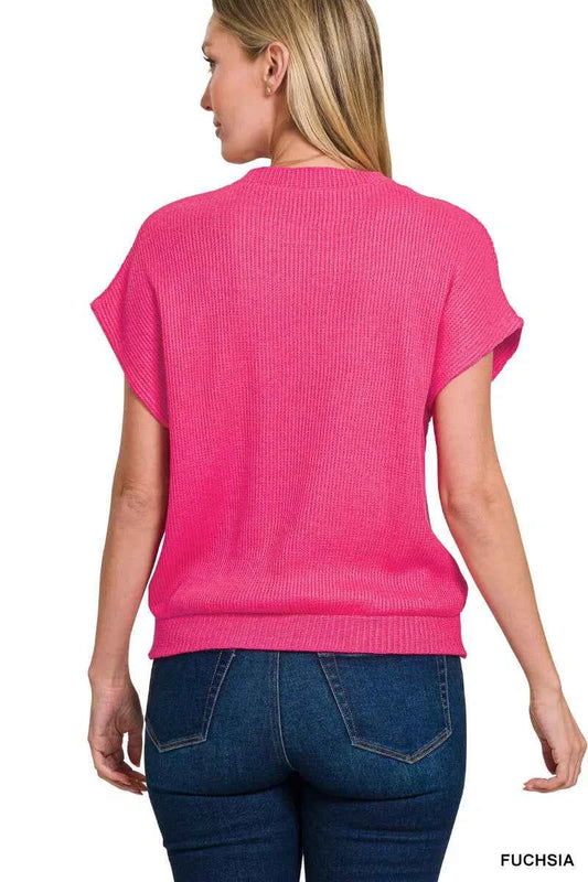 Zenana Round Neck Banded Botton Short Sleeve Sweater 155b00ad-e415-45da-ab58-7b3b6c0f5ee5-Max-Origin