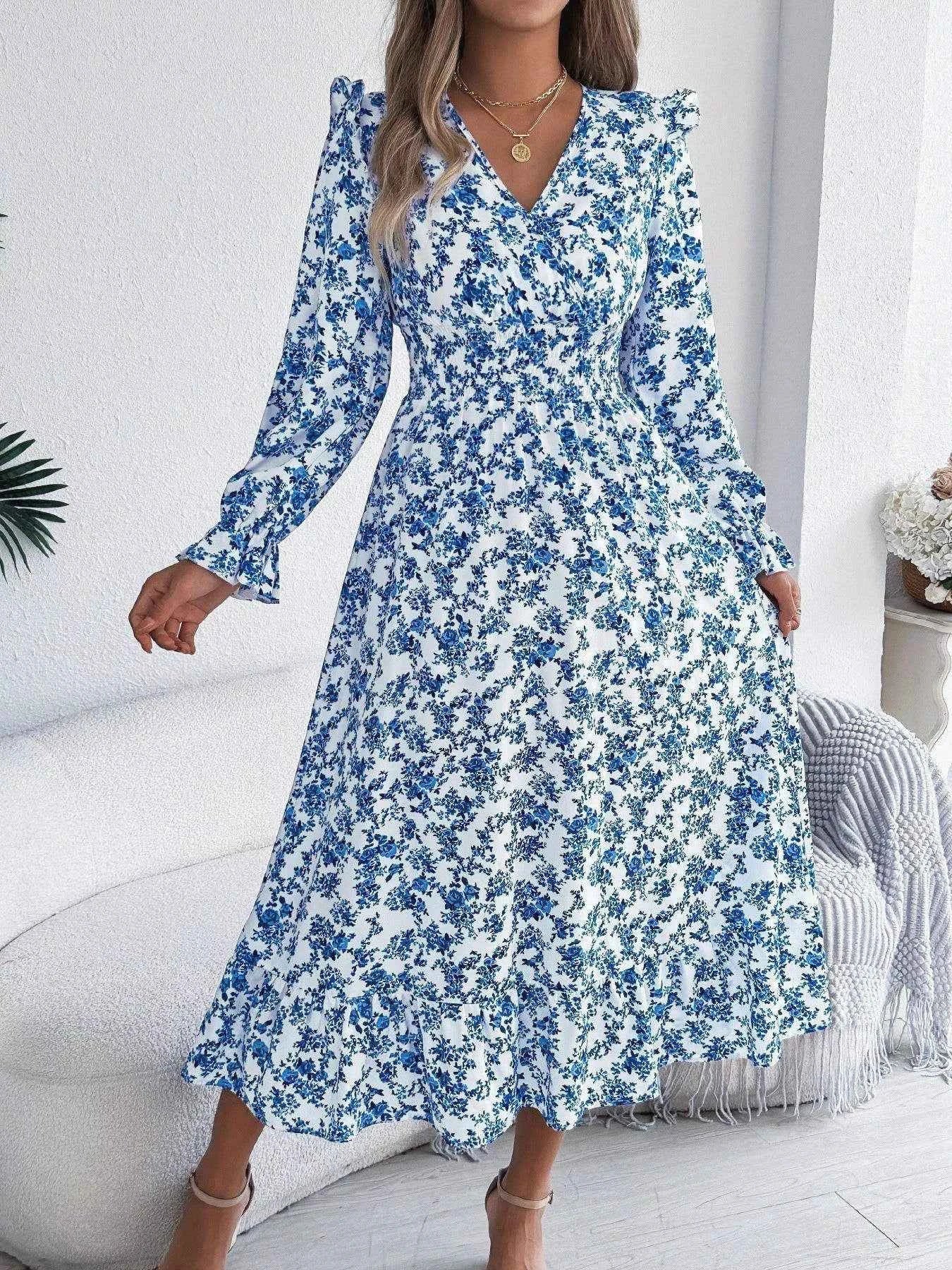 Ruffled Floral V-Neck Flounce Sleeve Dress 15616ab5-9d00-4f03-a115-5a5555ca5c01-Max-Origin