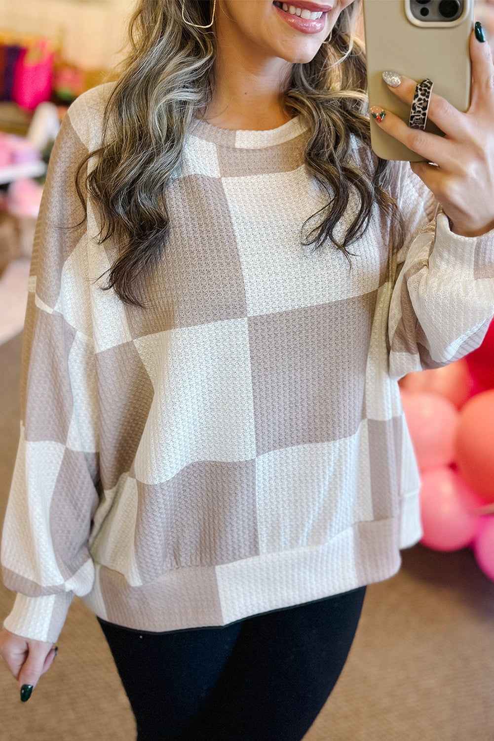 Khaki Breathable Textured Checkered Long Sleeve Top Khaki 100%Polyester 156362ed1dea05ef