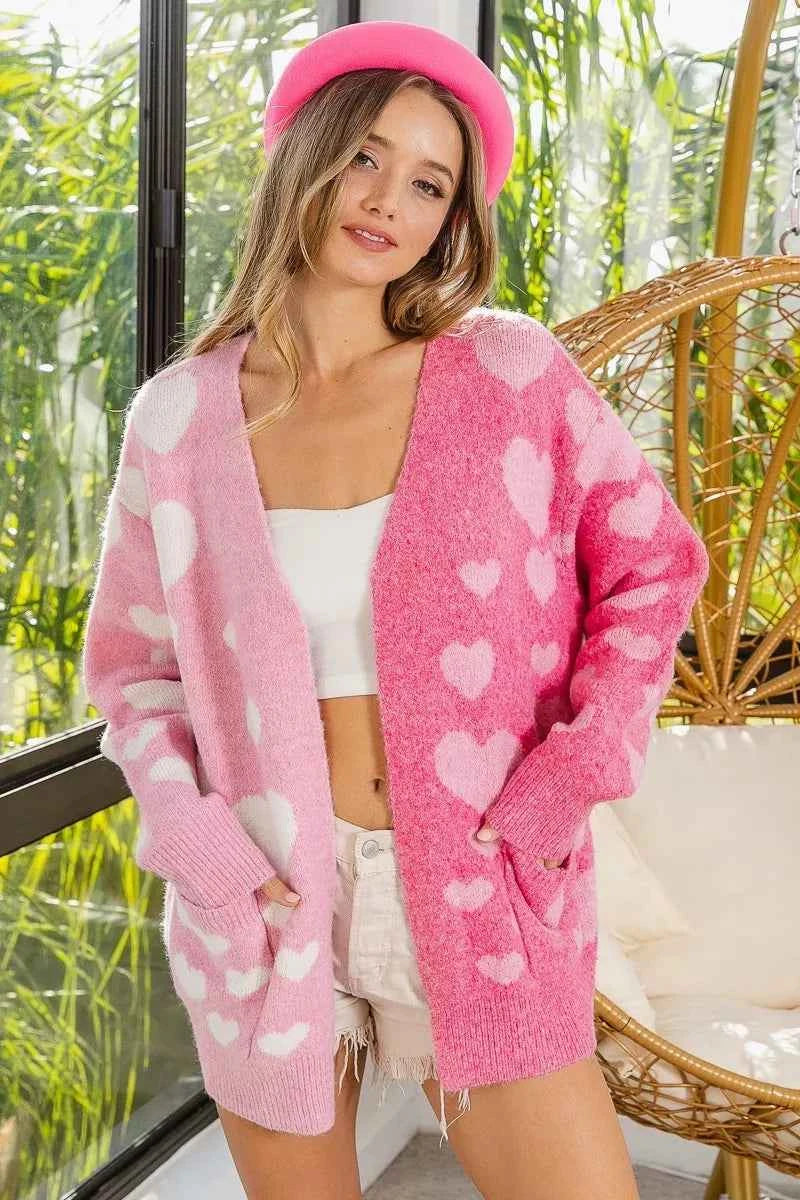 BiBi Heart Color Block V-Beck Knit Cardigan with Pockets PINK FUCHSIA 1566771a53fb482ba8d91fab26860958-Max-Origin