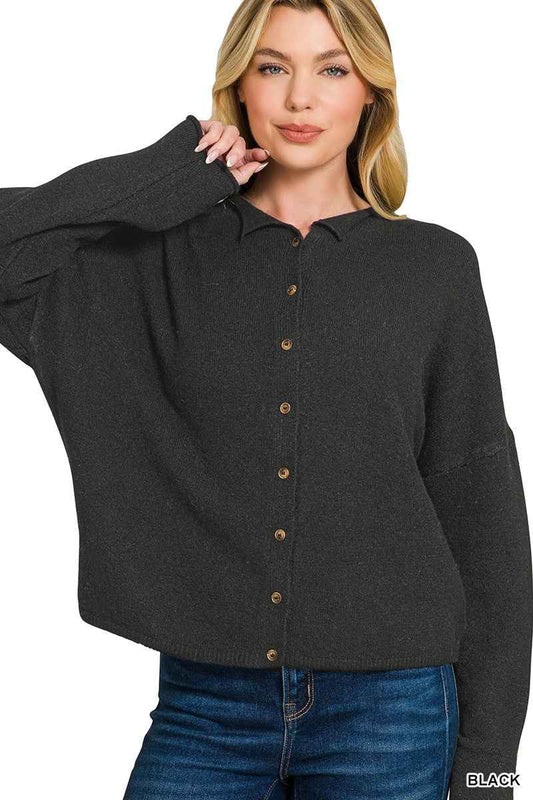 Zenana Collared Button Down Cardigan Sweater BLACK 1568a557246747f7b020d8683597c031-Max