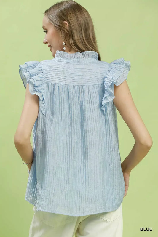 Textured Ruffle Sleeve Split V Neck Top 156f9263-4ba3-4b24-a123-338fdd24bbd4-Max-Origin